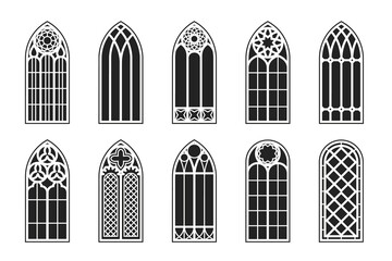 Gothic windows outline set. Silhouette of vintage stained glass church frames. Element of traditional european architecture. Vector