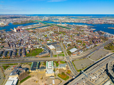 Charlestown historic district aerial view including Bunker Hill Momument and Mystic River with Maurice Tobin Bridge in city of Boston, Massachusetts MA, USA. 
