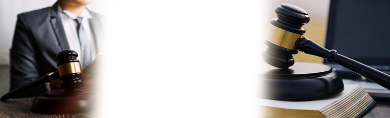 Business and lawyers discussing contract papers with brass scale on desk in office. Law, legal services, advice, justice and law concept picture with film grain effect