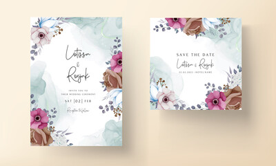 boho wedding invitation card with beautiful flower and leaves