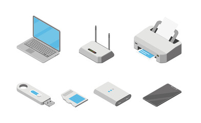 Vector isometric illustration, set of 3d icons of gadgets, laptop, printer, router, USB flash memory, smartphone, power bank