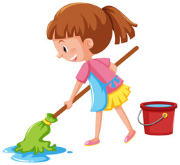 Girl mopping the floor on white background