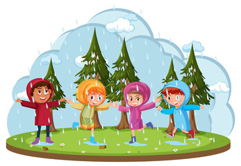 Isolated outdoor park with children playing raining