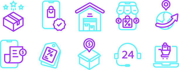 Shopping icon set line color style. collection of web icons for online stores, such as discount, shipping, contact, payment, app store, location, shopping cart vol 2
