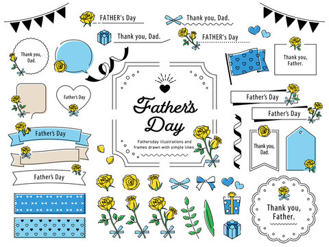父の日の黄色い薔薇とシンプルな線画イラストフレームセット / あしらい、花、リボン、飾り枠