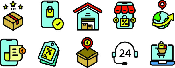 Shopping icon set flat field style. collection of web icons for online stores, such as discount, shipping, contact, payment, app store, location, shopping cart vol 1