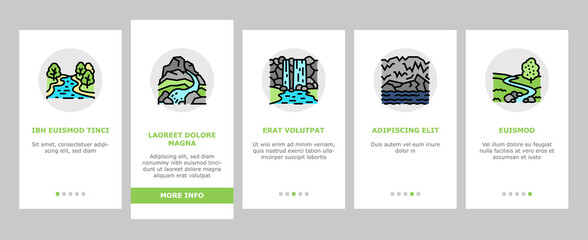 River And Lake Nature Landscape Onboarding Mobile App Page Screen Vector. River Mouth And Delta, Sea Shore And Pond In Forest, Aqueduct Construction Dam. Waterfall And Water Reservoir Illustrations