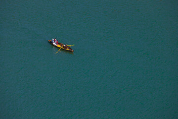 Selective focus Ariel view of people  boating at Naini Lake in Nainital Uttarakhand India on 2...