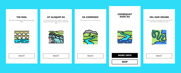 River And Lake Nature Landscape Onboarding Mobile App Page Screen Vector. River Mouth And Delta, Sea Shore And Pond In Forest, Aqueduct Construction Dam. Waterfall And Water Reservoir Illustrations