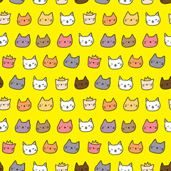 Seamless Pattern with Cartoon Cat Face Design on Yellow Background