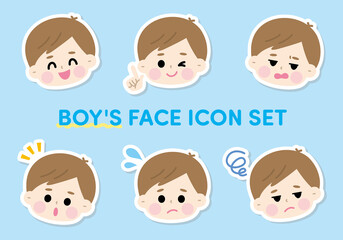 男の子の顔　白フチ　表情バリエーションセット　ベクターイラスト　子供