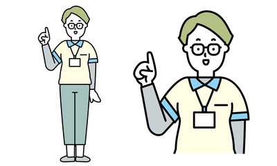 人差し指を立てているユニフォームを着た女性の介護士の全身イラスト素材。