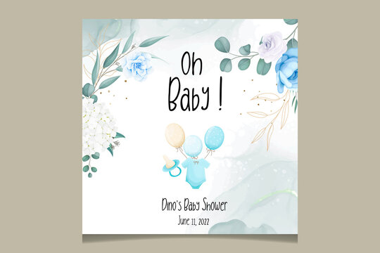 cute baby shower card with beautiful floral and gold leaves