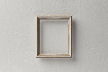 abstract isolated wood frames artwork vintage classic square on white concrete cement rough surface wall decoration inside the museum art gallery. 3D Illustration.