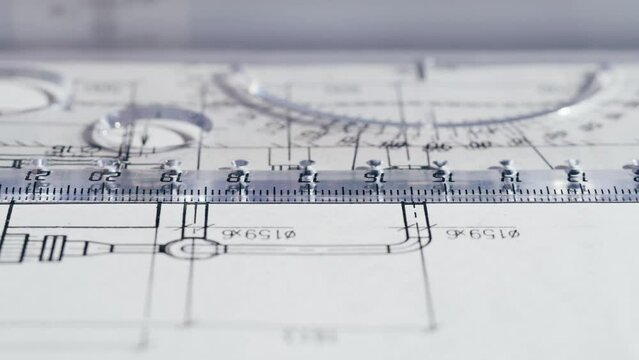 Plan blueprint close-up. Architect designer drawing, professional engineer working, interior creator making architectural house project, drafting building. 