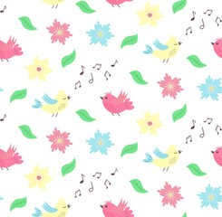Seamless pattern with flowers, leaves and flying and singing birds.