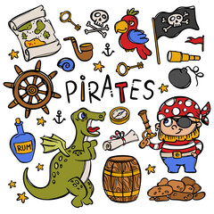 PIRATE AND DRAGON Dinosaur Parrot Rum Bottle And Other Sea Travel Attributes Hand Drawn Cartoon Objects Vector Illustration Clip Art Set For Design And Print