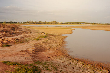 Dried lake and river on summer, Water crisis at thailand and Climate change or drought concept.
