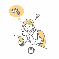 カフェでスマホを操作する女性　シンプルでお洒落な線画イラスト