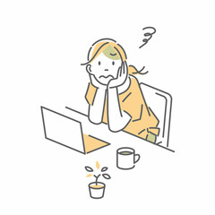 Fototapeta na wymiar 自宅でパソコン作業をする女性　シンプルでお洒落な線画イラスト