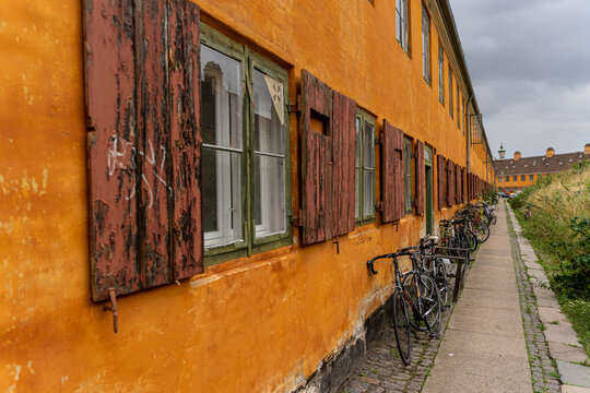 Beautiful view of the Old orange houses in the famous Nyboder district. Copenhagen. Denmark