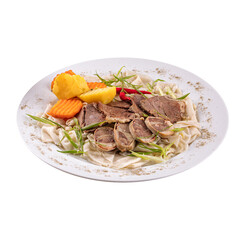 Isolated portion of kazakh national dish beshbarmak