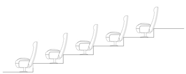Side elevation of an auditorium or cinema seats installed on the terraced floor to provide a clear view to the audience. 2D CAD drawing in black and white.