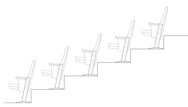 Side elevation of an auditorium or cinema seats installed on the terraced floor to provide a clear view to the audience. 2D CAD drawing in black and white.