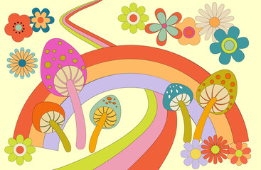 Fototapeta na wymiar Groovy poster 70s. Retro print with hippie elements. Cartoon psychedelic landscape with hippy flowers daisy, rainbow and mushrooms
