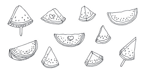 Vector watermelon clipart. Hand drawn watermelon icon set. Fruit illustration. For print, web, design, decor, logo.