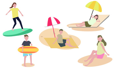 Summer holidays. People enjoying and relaxing on the beach. Sunbathing, surfing and chilling. Vector illustration 