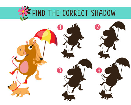 Find correct shadow. Game for children. Activity, vector illustration. Cute horse with dog in city.