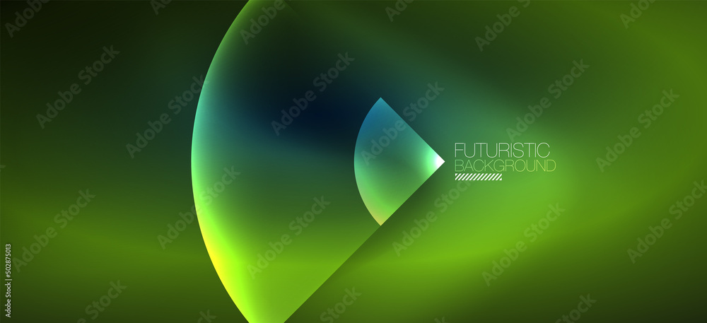 Poster shiny neon geometric abstract background. glowing lights on round shapes, triangles and circles. wal
