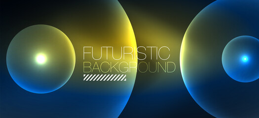 Shiny neon geometric abstract background. Glowing lights on round shapes, triangles and circles. Wallpaper for concept of AI technology, blockchain, communication, 5G, science, business