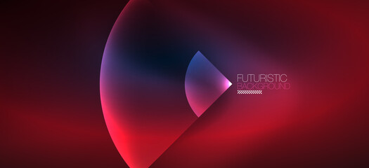 Shiny neon geometric abstract background. Glowing lights on round shapes, triangles and circles. Wallpaper for concept of AI technology, blockchain, communication, 5G, science, business