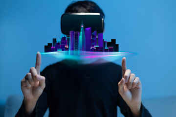 Metaverse virtual reality, augmented reality technology downtown on hand.