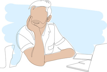 Continuous line drawing of focused young man using laptop typing on keyboard writing email or message for your design minimal. One continuous line is the concept. Vector illustration. 