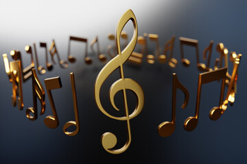 Musical notes and symbols with curves and swirls on a black  background under  light color. 3D illustration