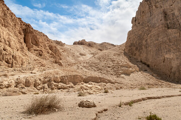 Fototapeta premium Mountains of stone desert near the Tamarim stream on the Israeli side of the Dead Sea near Jerusalem in Israel