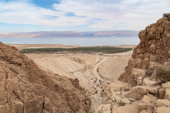 View  from a mountain near the Tamarim stream on the Israeli side of the Dead Sea and the mountains on the Jordan side near Jerusalem in Israel