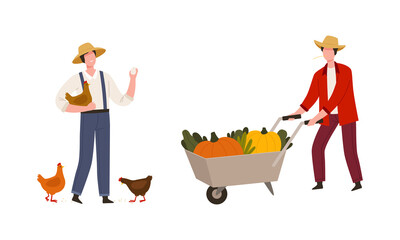Man Farmer in Straw Hat Gathering Eggs and Pushing Wheelbarrow with Crops Vector Illustration Set
