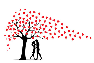 Plakat Tree illustration with red hearts like blowing leaves on wind and couple silhouettes in love isolated on white background. Romantic wall decals, wall art, artwork