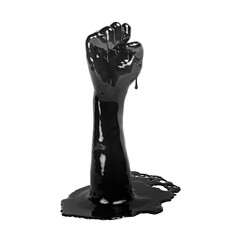 drip melting viscous black energy penetration liquid petroleum crude oil underground from oil refinery or ink right hand fist puddle on white background. Isolated clipping path. 3D Illustration.
