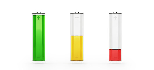 Battery positive and negative terminals 3 colors liquid green yellow red inside transparent batteries on white background. The battery is full and running out. Isolated clipping path. 3D Illustration.