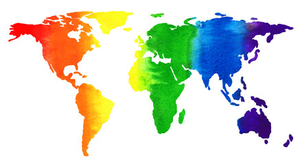 Watercolor rainbow flat simplified earth map. Illustration in support of the LGBT community. Pride Month.