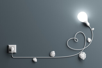 Electric power technology education and learning concept. leaves ivy climber crawler white bright light bulb shine grey background shape plant plug wire nature and heart. copy space. 3D Illustration.