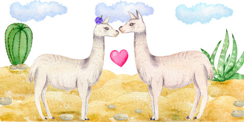 Watercolor card with cute Lama hand drawn. Can be used design, print, fabric.