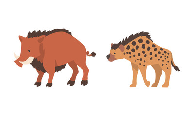 Warthog with Ivory and Hyena with Spotted Coat as Wild African Animal Living in Savannah Vector Set