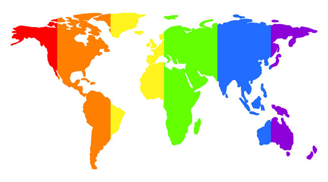 Flat simplified earth map in rainbow colors. Illustration in support of the LGBT community. Pride Month.