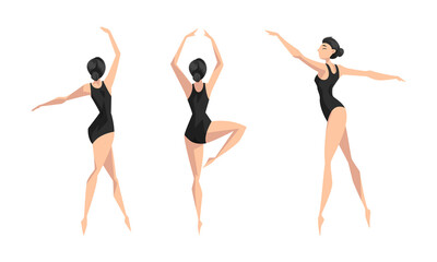 Female Ballet Dancer Dancing in Black Leotard Vector Set